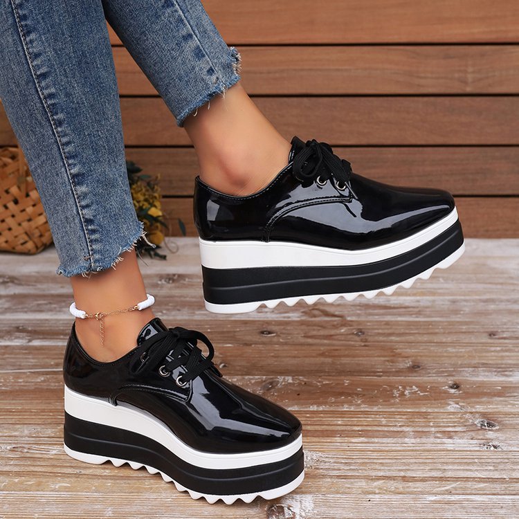 Womens Lace-up Square-toe Patent Leather Platform Wedge Heels alternate view