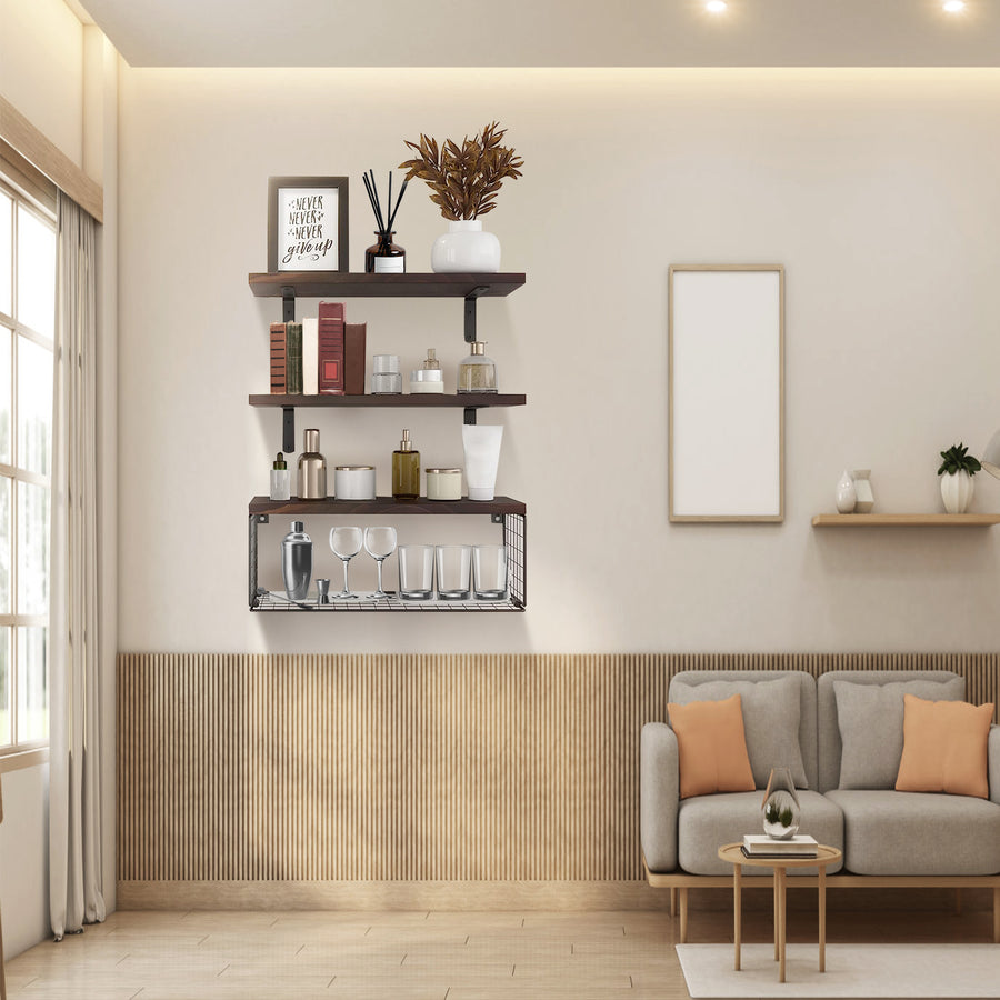 2 In 1 Floating Shelves Wall Mounted With Storage Basket Bathroom Shelves Over Toilet Wooden Shelves For Bedroom Living Room Kitchen Office Wall Decor Plants alternate view